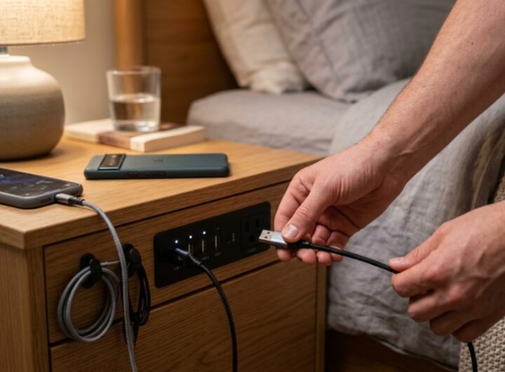 Modern nightstand with a built-in charging station holding a smartphone.