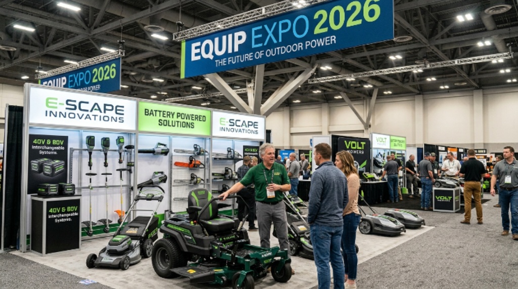 Exhibitors showcasing battery-powered lawn mowers and landscaping equipment at Equip Expo 2026