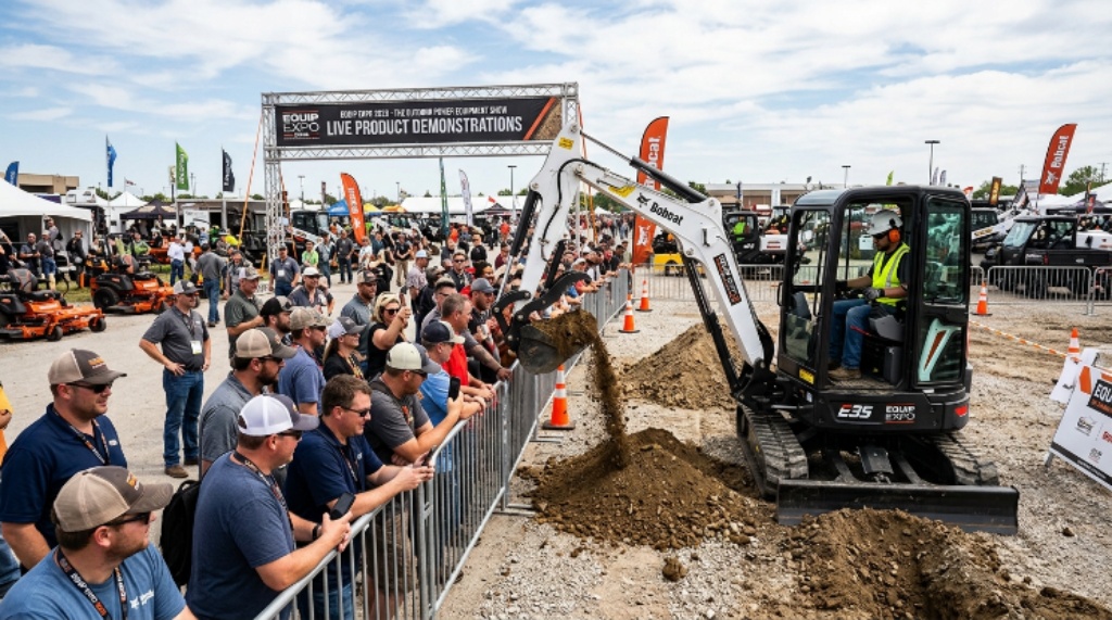 Outdoor equipment demonstration at Equip Expo 2026 with attendees watching live product testing