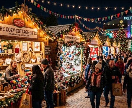 Festive vendor booths at the San Antonio Christmas Showcase 2026 filled with handmade holiday gifts and decorations