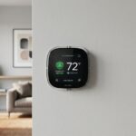 Digital thermostat displaying good indoor air quality in a modern living room.