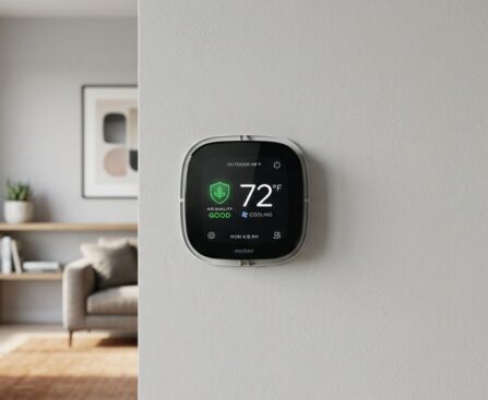 Digital thermostat displaying good indoor air quality in a modern living room.