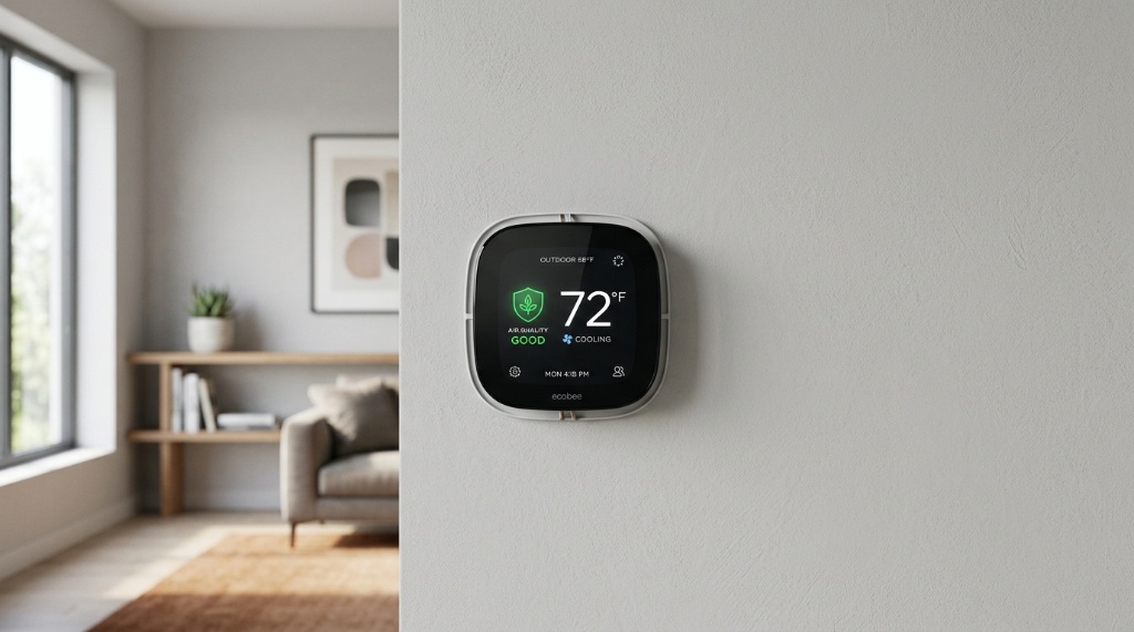 Digital thermostat displaying good indoor air quality in a modern living room.