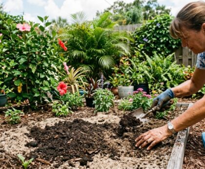 Gardener mixing dark compost into sandy Florida garden soil.