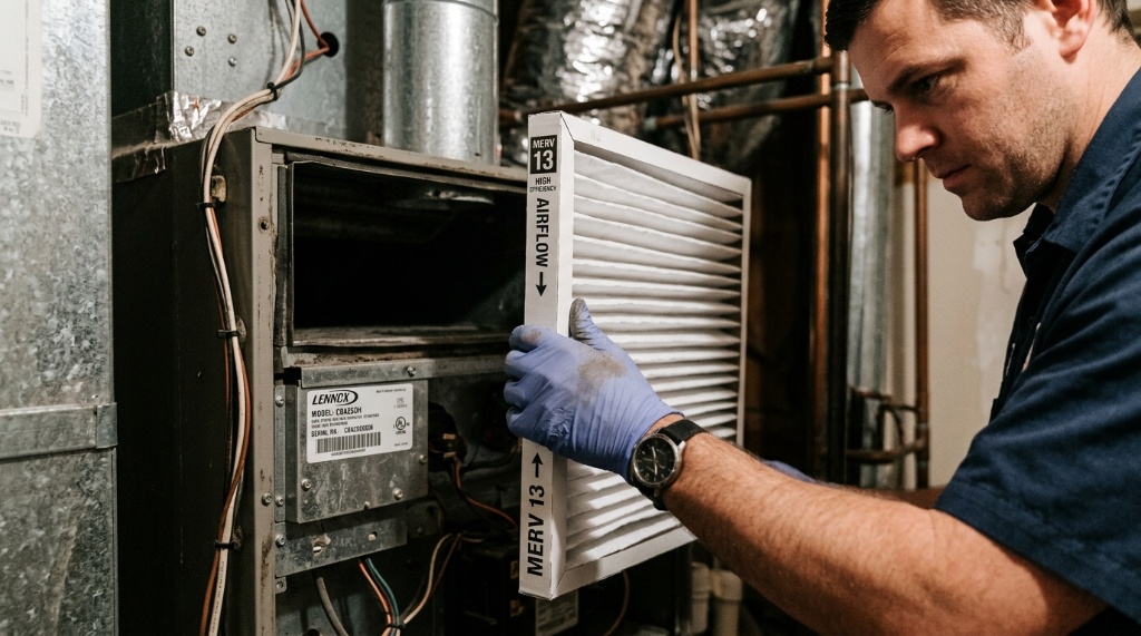 Service technician replacing a clean air filter in an HVAC system.