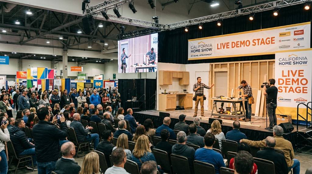 Live renovation demonstration on stage at the California Home Show with an audience of homeowners watching