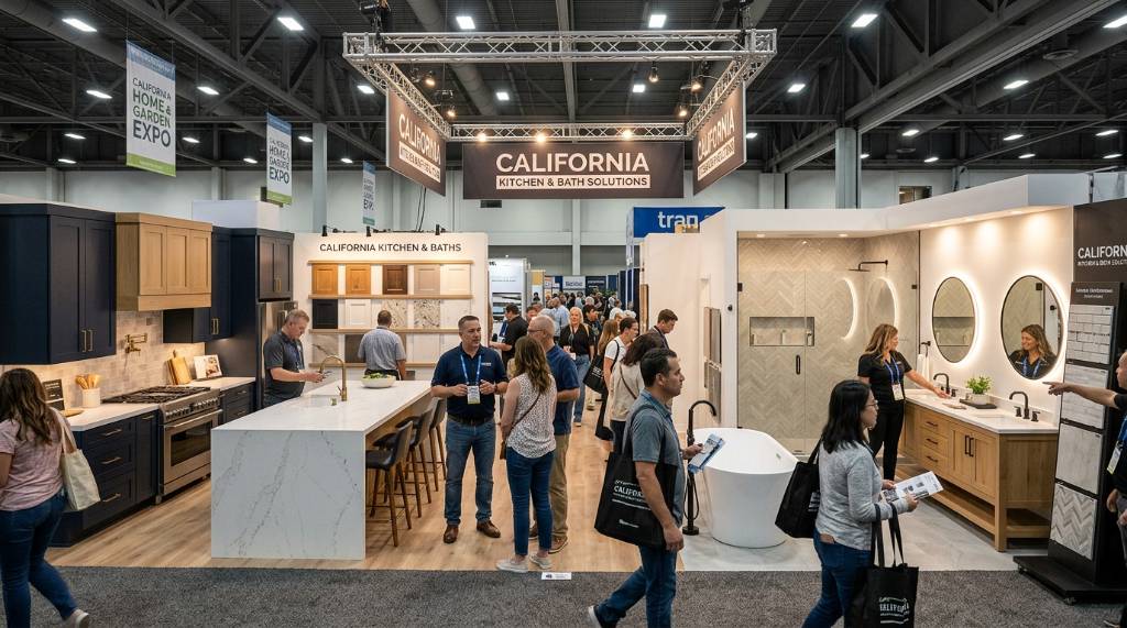 Interior design display booth featuring kitchen and bathroom remodeling products at a California home improvement expo