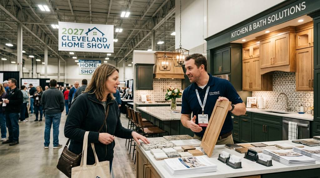 A homeowner speaking with a kitchen remodeling exhibitor at the 2027 Cleveland Home Show