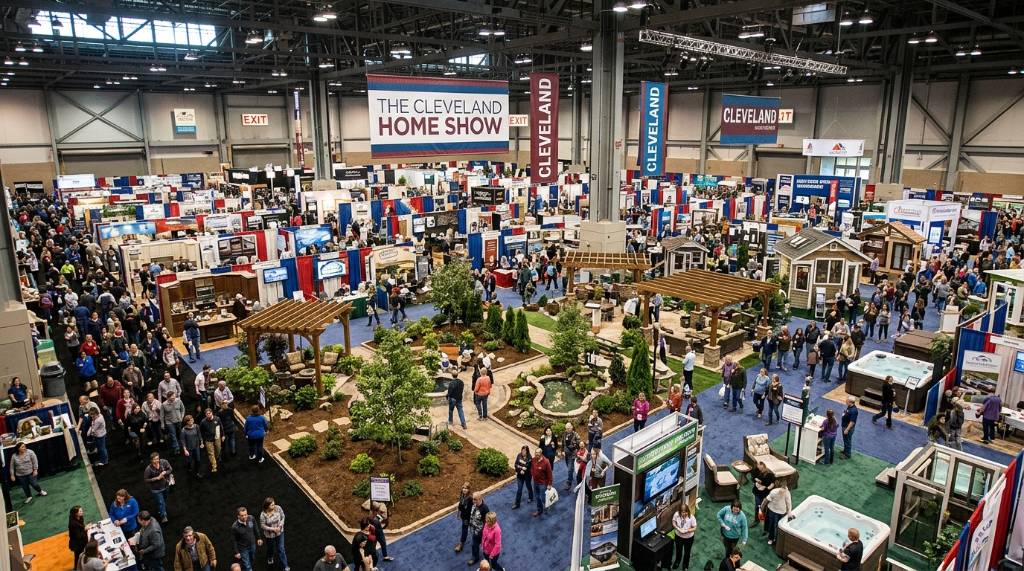 Overhead view of the Cleveland Home Show floor packed with exhibitors and attendees