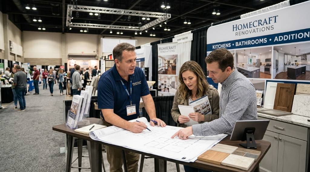 Contractor talking with a homeowner about renovation plans at an exhibit booth