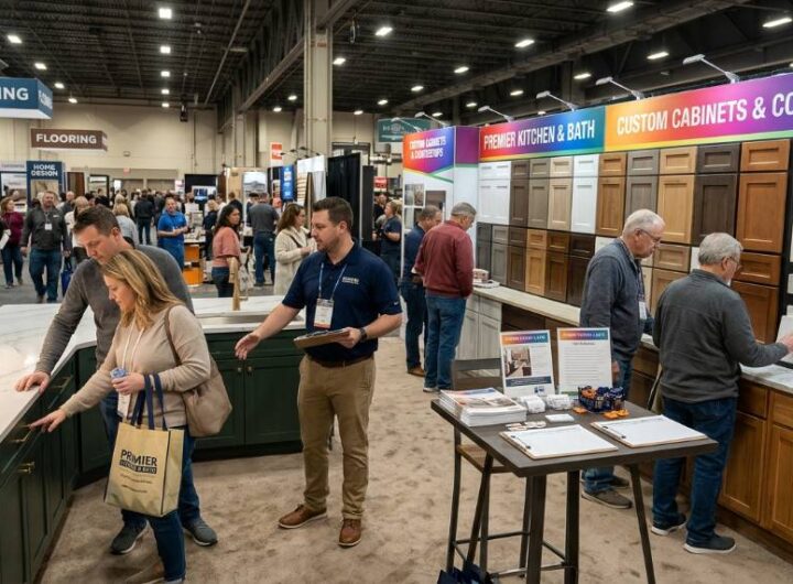 Visitors browsing kitchen cabinet and countertop displays at a home remodeling show