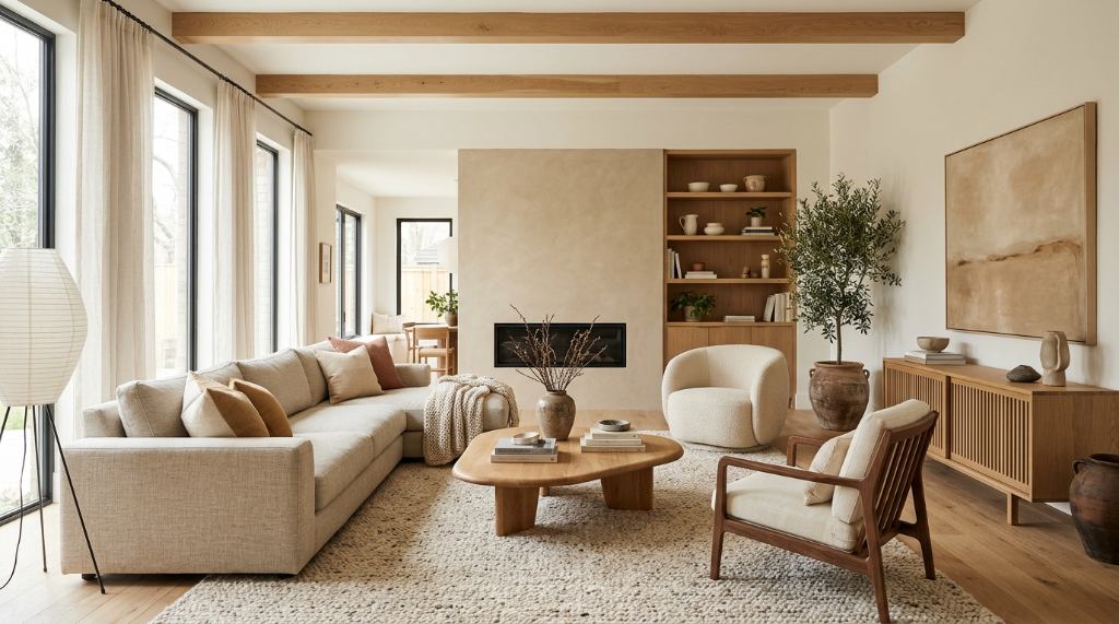 Modern living room with warm neutral colors and natural wood finishes